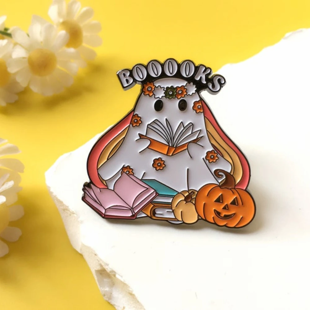 

2025 Halloween BOOOOKS Brooch Cute Reading Ghost with Pumpkin, Books Hard Enamel Pin Gifts for Book Lovers