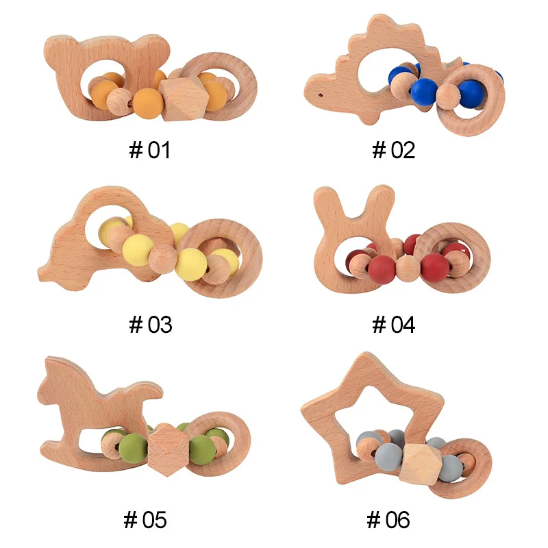 

Babe Silicone Baby Teether Food Grade Silicone & Beech Teething Ring Retro Color Wooden Baby Nursing Bracelet