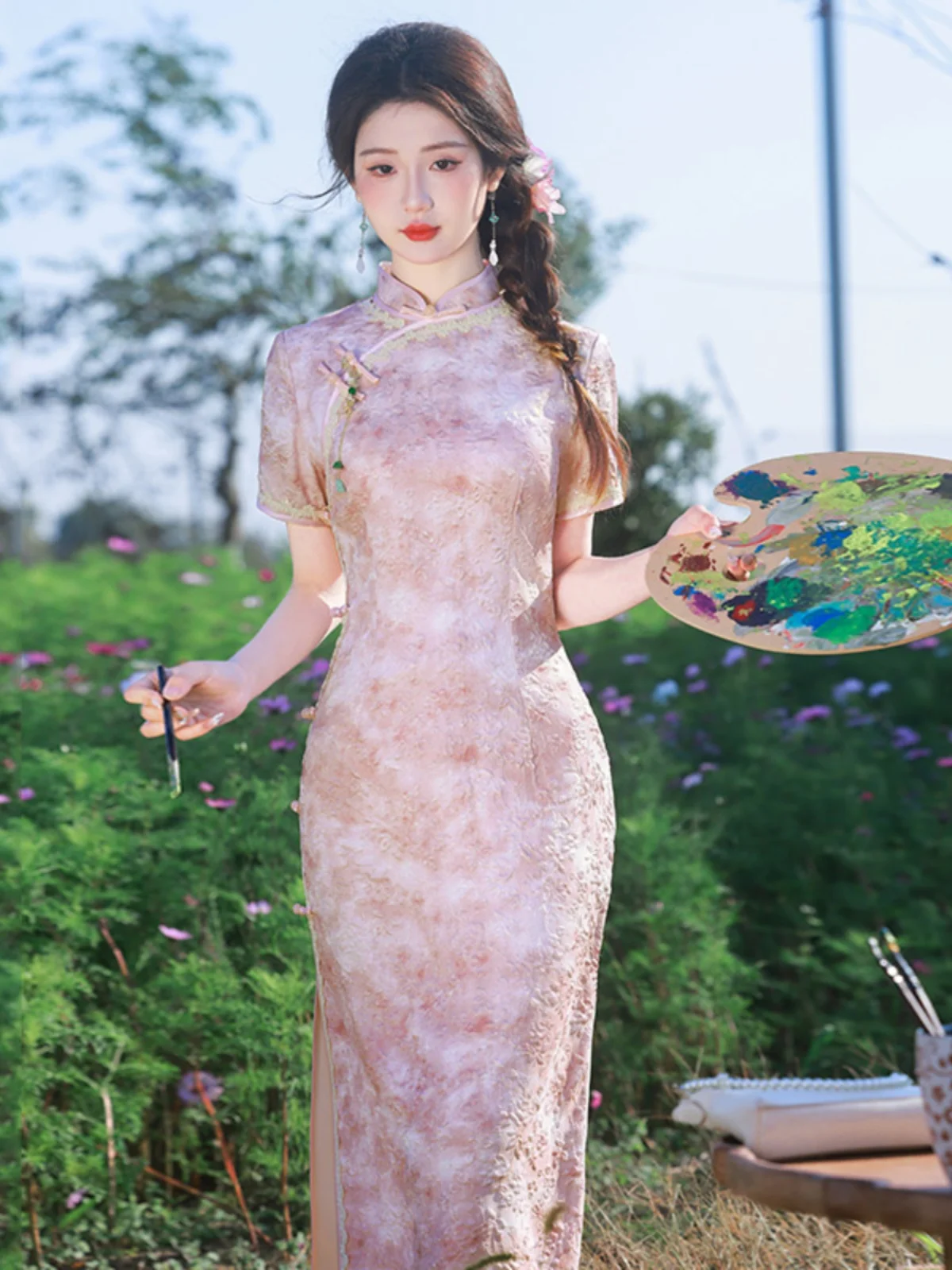 

Pink Revamped Chinese Sle ort Sve Mid-Length Slim Fit Women's Vintage Faion Daily Wear Polyester Blend