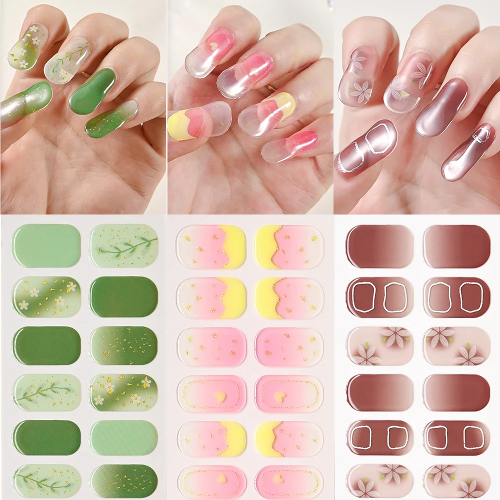 16/22Tips Flower Design Semi-Cured Gel Nail Strips Full Cover Stick On Nail Wraps Work With Any Nail Lamps Easy To Apply &Remove