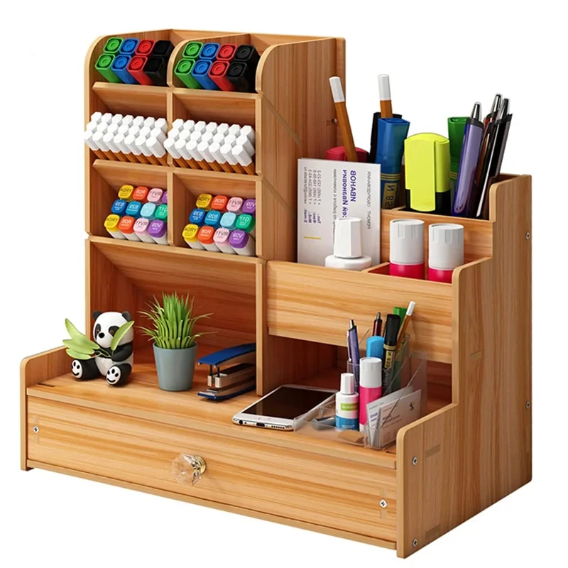 

Wooden Desktop Organizer DIY Pen Holder Large Capacity Stationery Storage Box with Drawer Multifunctional Desk Tidy Container fo