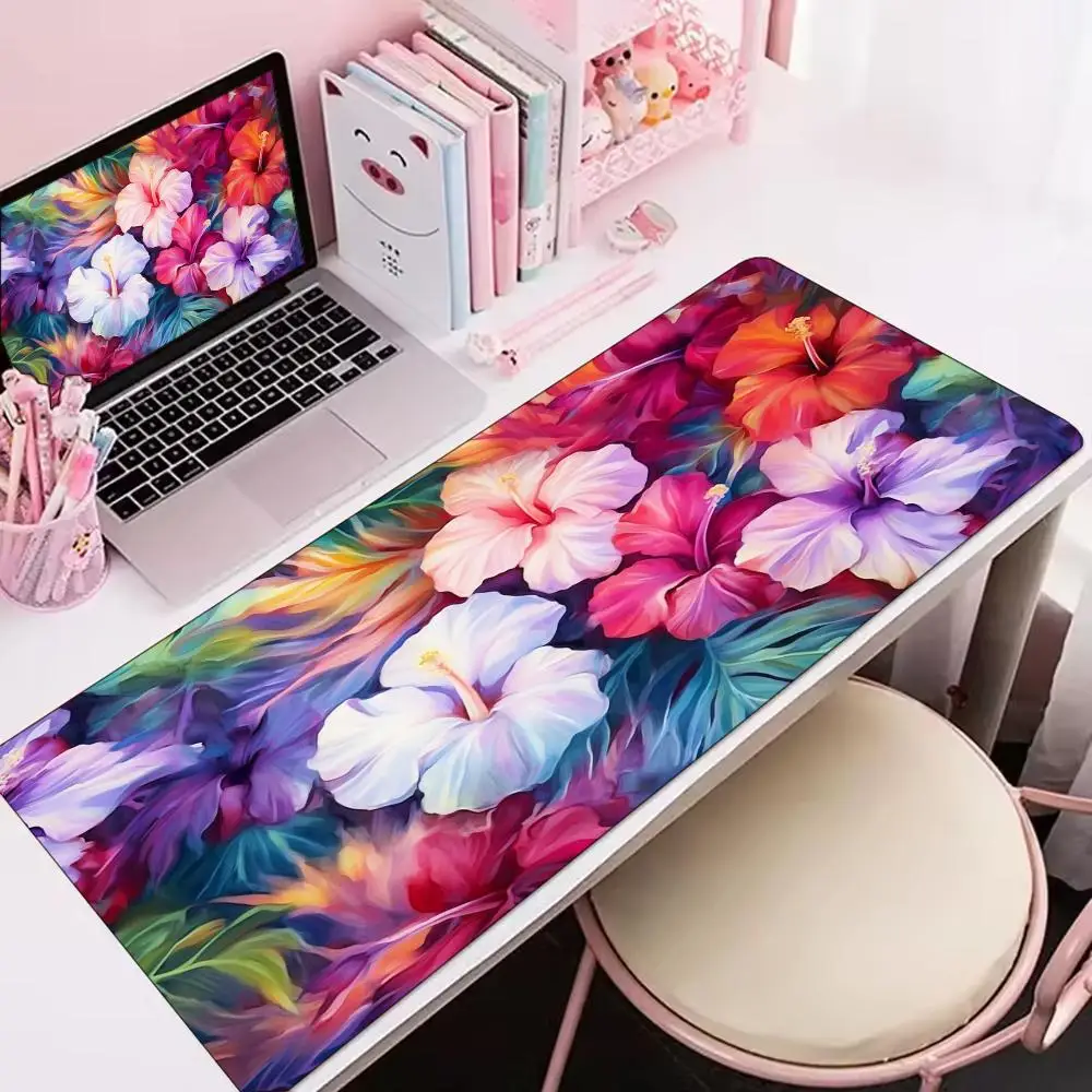 Colorful Hibiscus Flower Pink White Red Large Mouse Pad Non Slip Rubber Base Floral Desk Mat For Fresh Blooming Spring Office