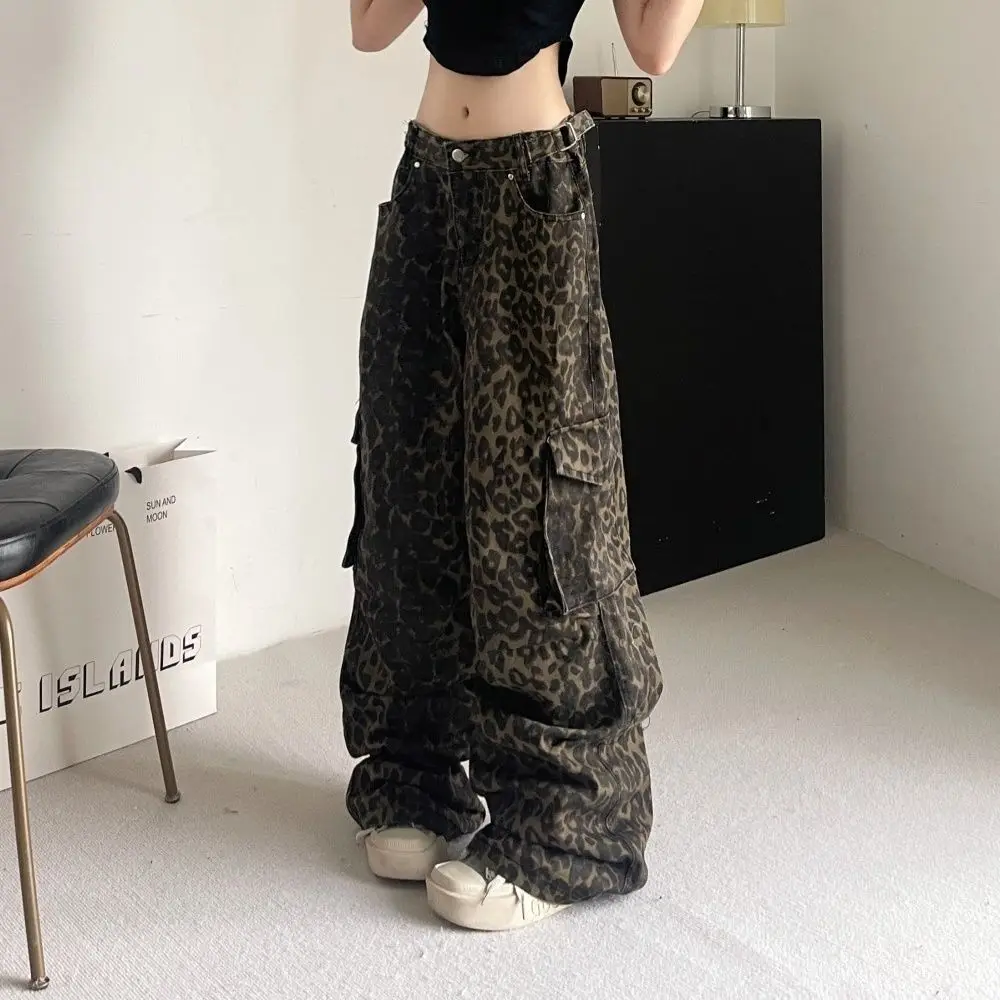 Unisex Jeans 2025 Autumn Retro Leopard Print Cargo Pants Women's Niche Design High Waist Wide Leg Loose Casual Trousers