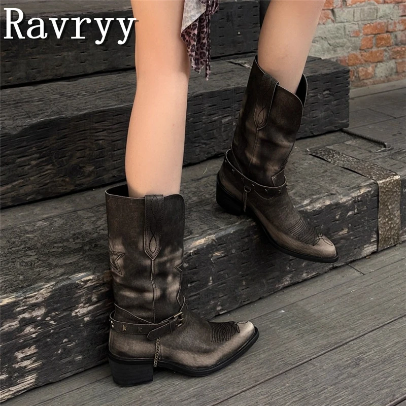 

Women Vintage Pointed Toe Knight Boots Fashionable Metal Rivets Chains Belt Buckle Decor Thick Heels Mid-Calf Boots