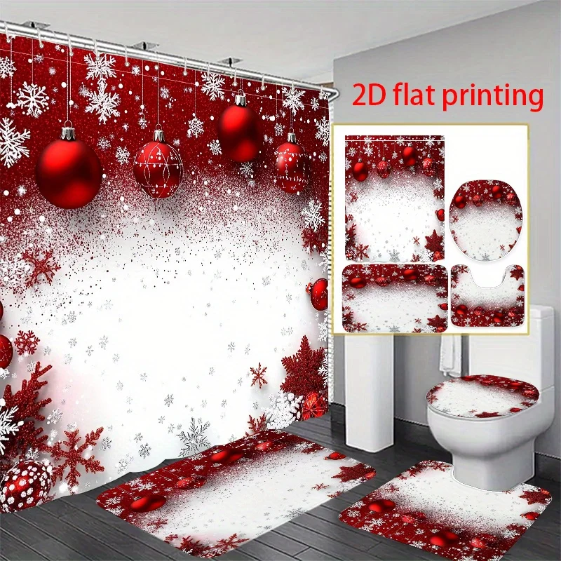 

4pcs 2D flat printing Shower Curtain Bathroom Set Christmas Ornaments on Red and White Background. Suitable for Bathroom Decor