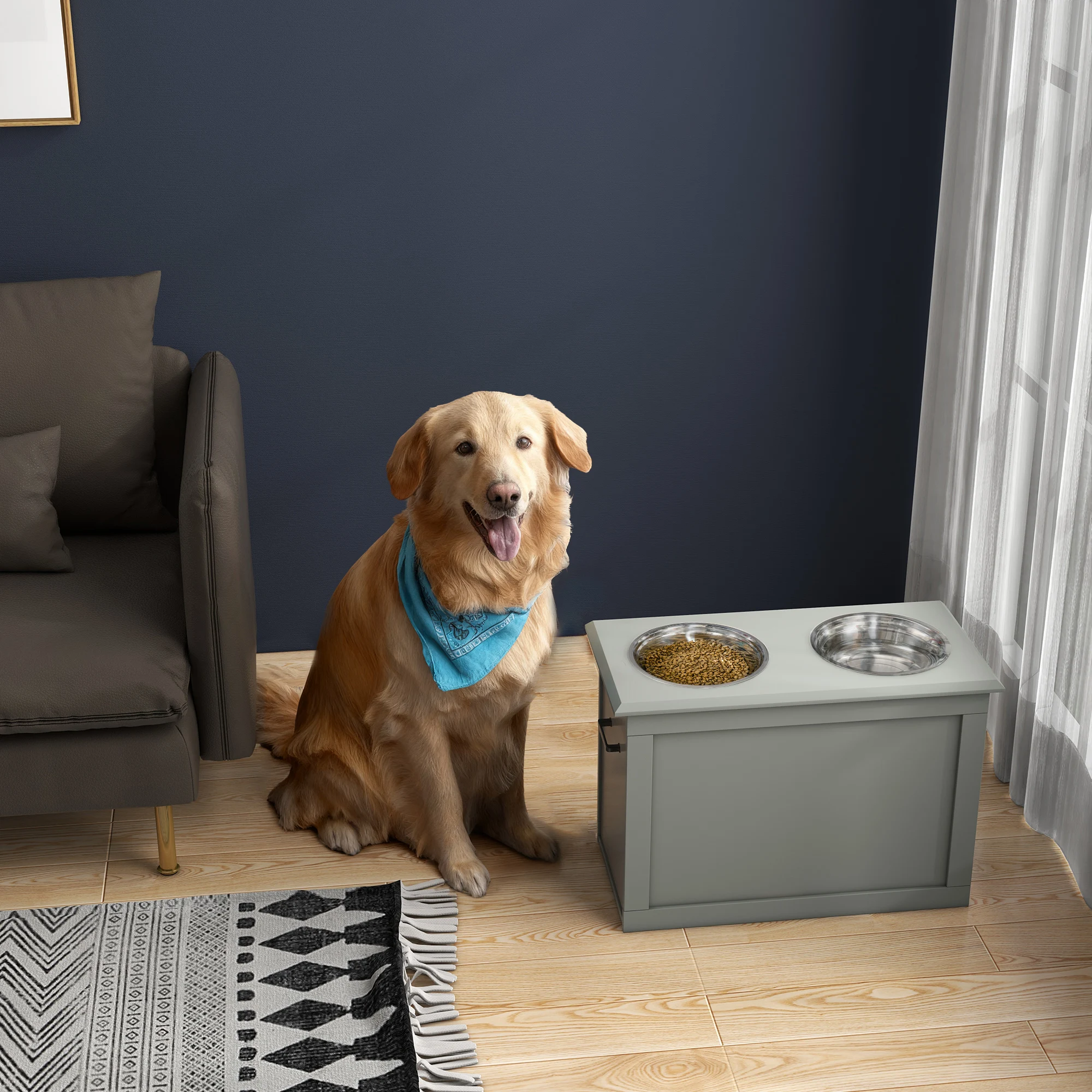 Afbeelding 3: Pawhut verhoogde hondenvoerbak met 2 roestvrijstalen kommen 2X2000 ml verhoogde voerbak voor grote honden met klapdeksel en verborgen opbergruimte grijs