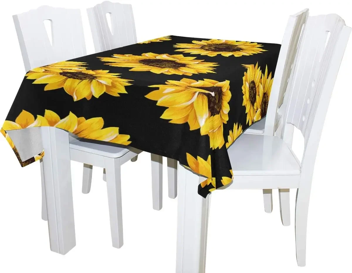 Yellow Blooming Sunflowers Black Polyester Modern Printed Stain Wrinkle Resistant Table Cloth Durable Table Cover Dining Room