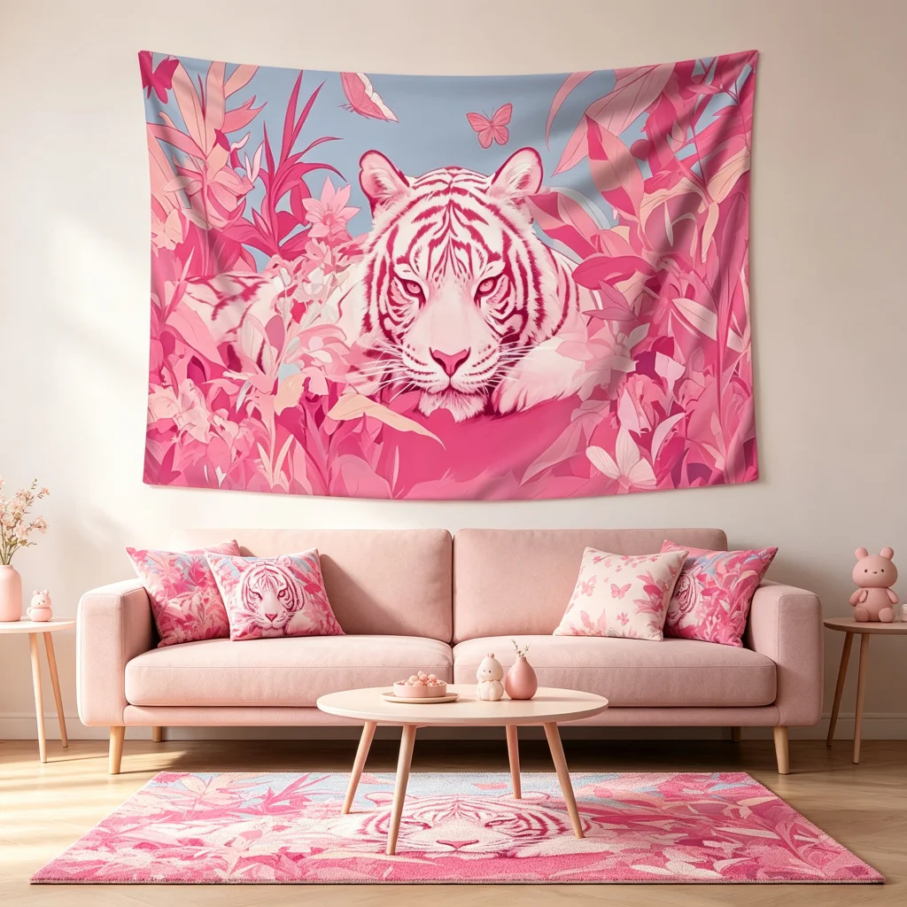 1PC Pink Tiger Butterfly Illustration Print Backdrop Banner, Bedroom Living Room Photo Background, Polyester, Home Decor, Wall A