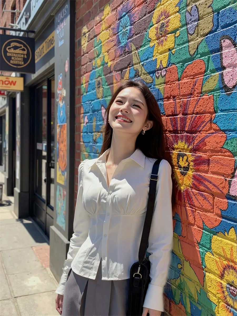 

Shirts Women Long Sleeve Lace-Up Tops Sexy Slim Fit Solid Color Casual Streetwear Korean Style Chic All-Match Spring Wear