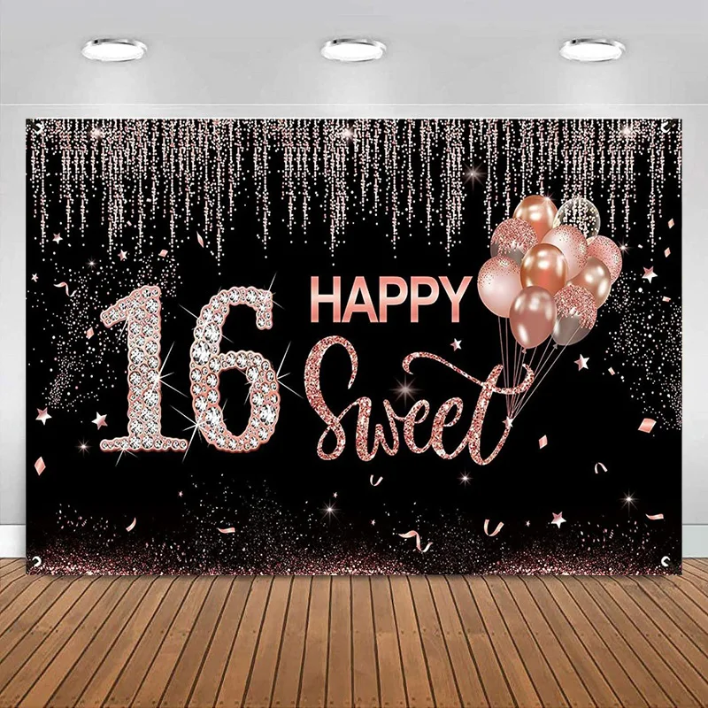 Happy 16th Birthday Banner Decorations for Girls Rose Gold Sweet Backdrop Sign Party Large Birthday Photo Photography Background