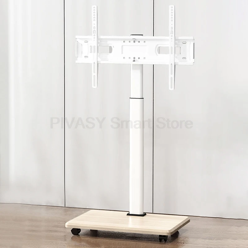 رف تلفزيون متنقل قائم على الأرض، حامل فني من الخشب الصلب باللون الأبيض، ارتفاع عالمي قابل للتعديل مع رف ديكور منزلي جمالي، حامل تلفاز