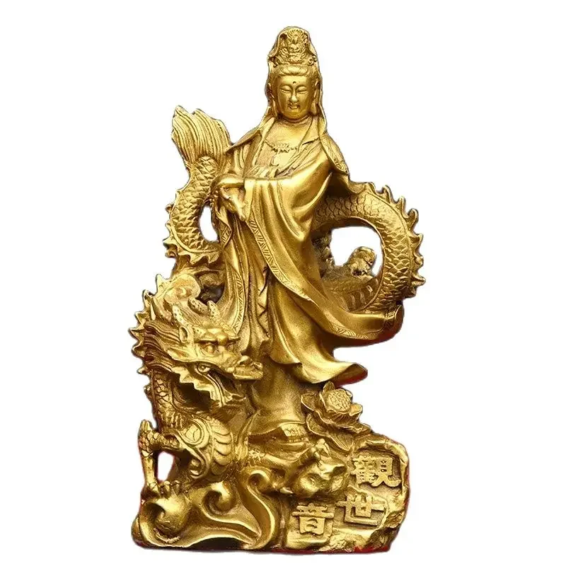 Brass Royal Dragon Guanyin Bodhisattva Ornament Riding Dragon Home Brass Guanyin Goddess Buddha Ornament