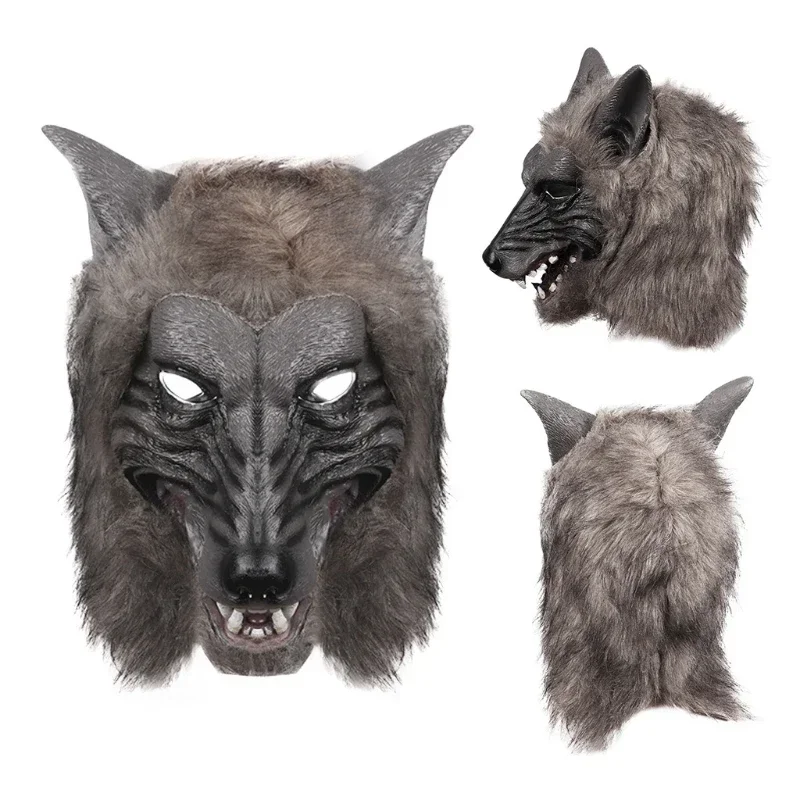 Gorro para adultos, máscara aterradora para fiesta de disfraces de Halloween, Animal realista, Lobo, Cosplay, tocado con piel y dientes