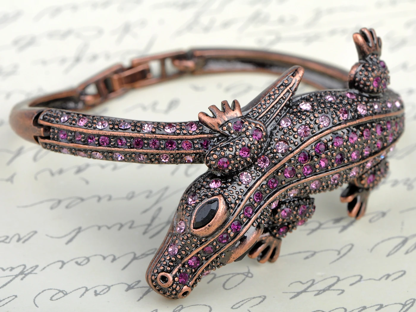 Copper Tone Amethyst Colored Rhinestones Alligator Crocodile Bangle Bracelet