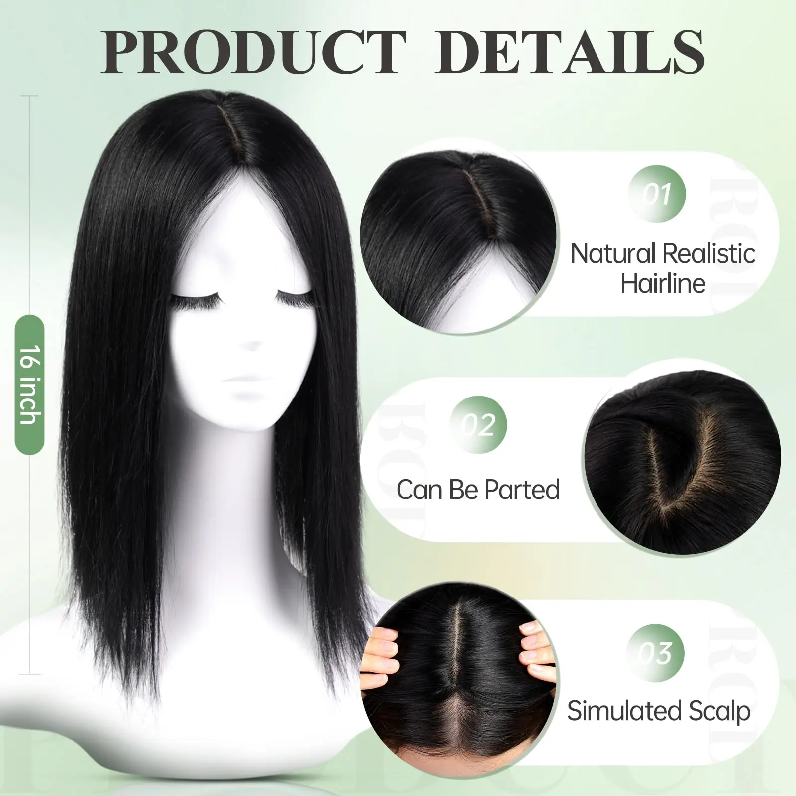 Rambut Asli Remy Lurus 16 Inci untuk Wanita, Ekstensi Rambut Hitam dengan Akar Gelap, 3 Jepitan, Hairpiece Hitam