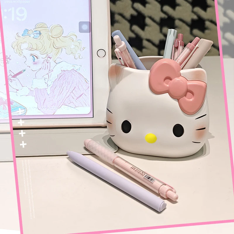 Caixa de armazenamento de artigos de papelaria e maquiagem com tema da Hello Kitty, estilo kawaii, adequada para guardar material escolar e utensílios de maquiagem.