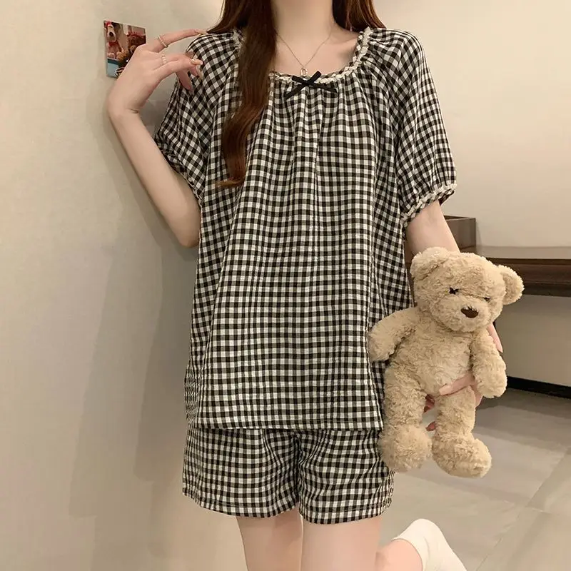 

2XL Large Size Plaid Sleepwear Women Summer Pajama Sets Korean Teenage Students Short Sleeve Shorts Suit Loose Home Night Wear