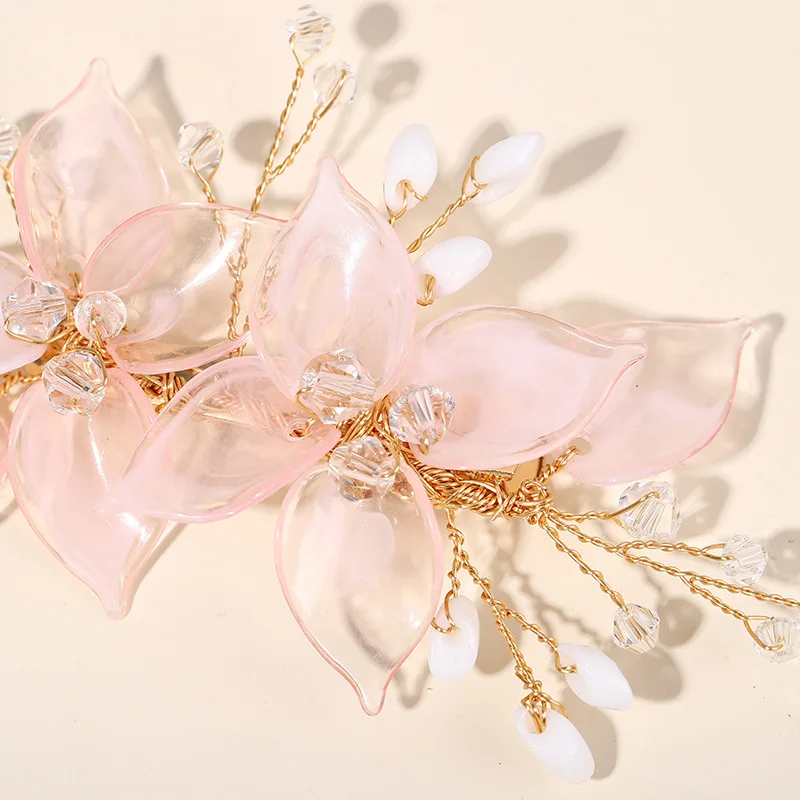 Pink Flower Hair Clips for Bride Wedding Hair Accessories Crystal Floral Hairpins Pearl Headpiece for Women Party Hair Jewelry