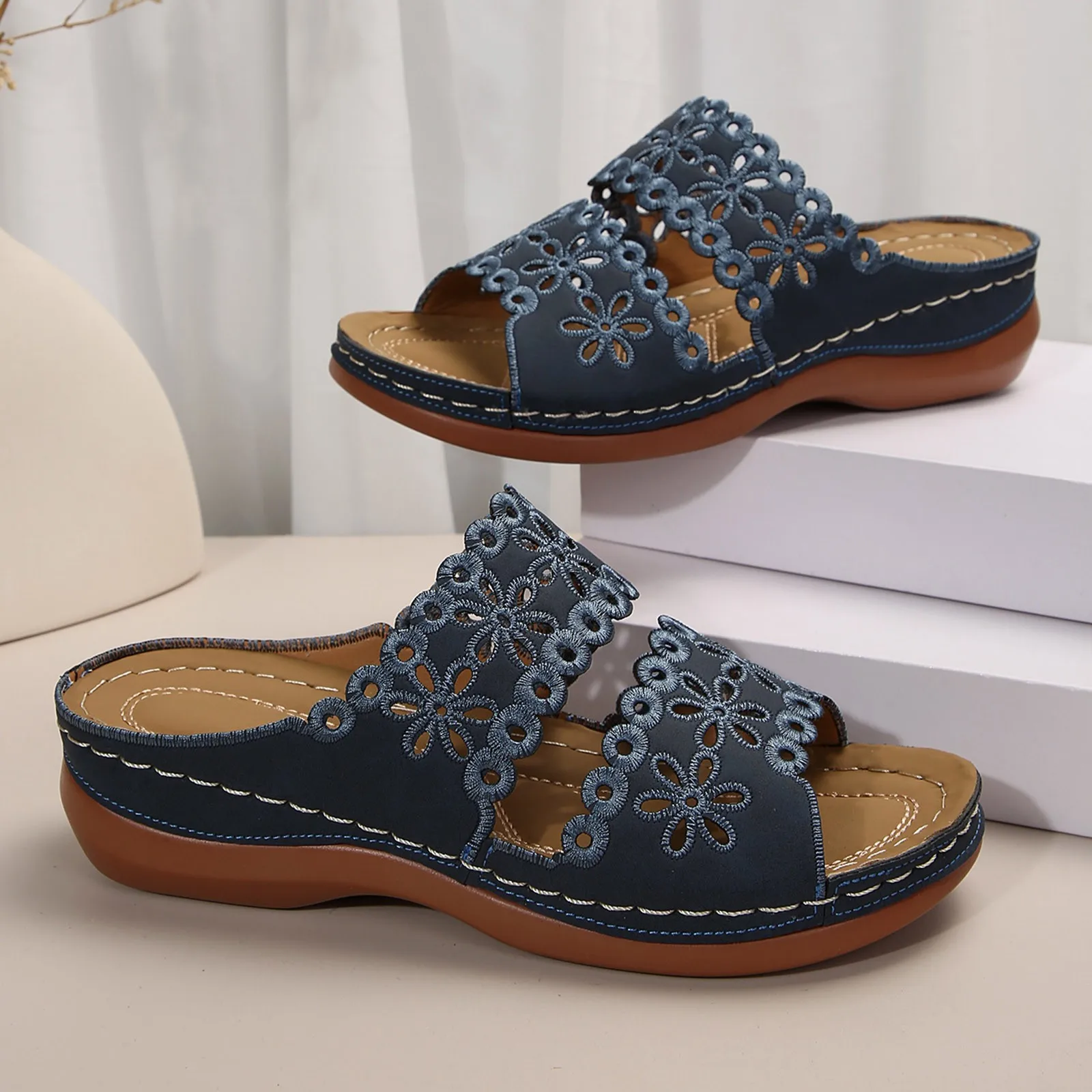 Cork Slide Sandals For Women Women Shoes Thick Soled Wedge Sandals Fashionable Flower Hollow One Leg Sandals Sandals Women