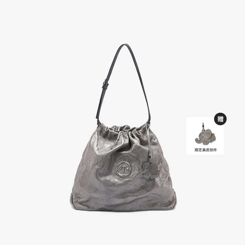 GROTTO Fashion 2025 New Genuine Leather Medium-Sized Garbage Bag Single-Shoulder Crossbody Bag Light Luxury