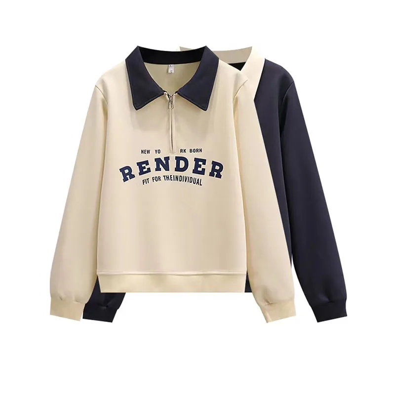 

Women Sweatshirt Fashion Zipper Turn-down Collar Pullovers 2023 Spring Autumn Loose Tops Letter Print Female Casual Polo Shirt