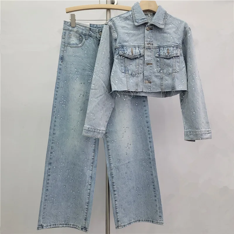 

American Fashion New Elegant Rhinestone Single-breasted Denim Short Coat for Women High Waist Straight Wide-leg Jean Female 2026