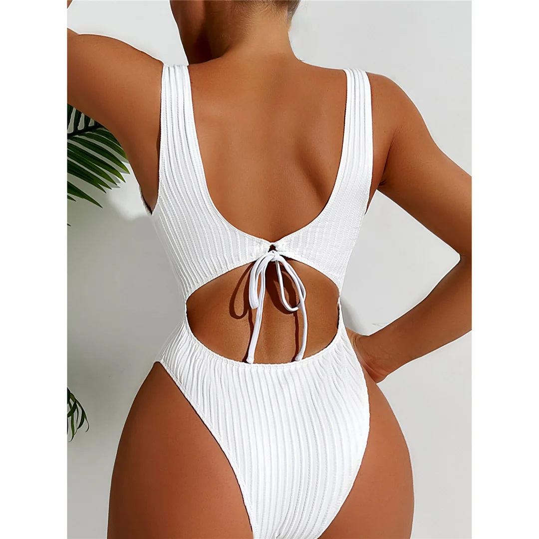 S - XL Sexy weißer, gerippter, rückenfreier Badeanzug mit Ausschnitten, Damen-Badebekleidung, Badeanzug mit hohem Beinausschnitt, Badeanzug, Modell V5889 – Detail 13