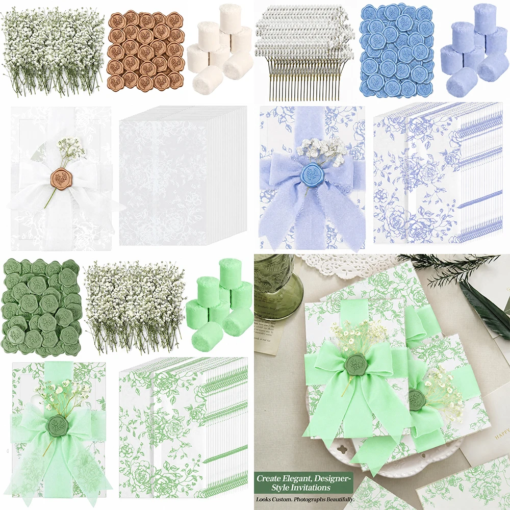 

Flower Envelope Wedding Invitation Set Wax Sealing Stickers Ribbons Dried Flowers for Diy Paper Card Scrapbooking Crafting