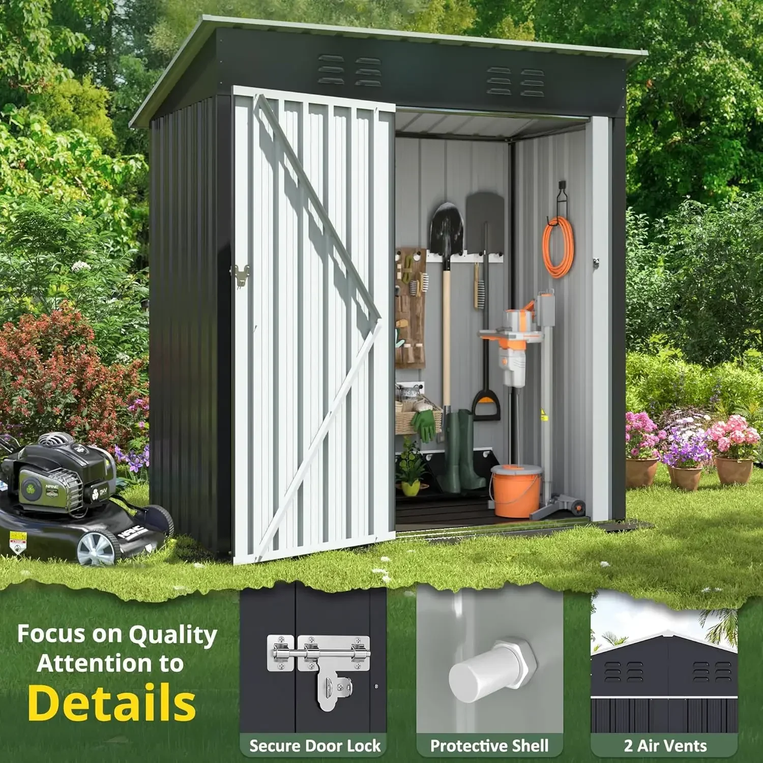 4.5x2.5 FT Outdoor Storage Shed, Large Garden Shed with Updated Frame Structure and Lockable Doors, Garden Patio Lawn, Black