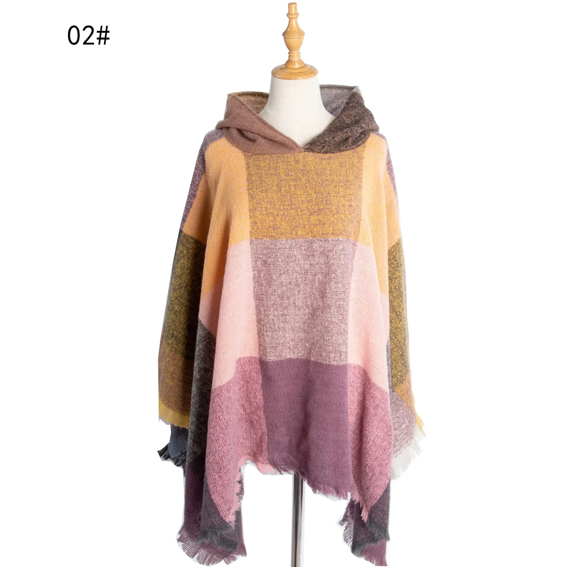 Europe America 2025 Spring Autumn New Large Lattice Women's Pullover Cape Hooded Cape Keep Warm Windproof Coat Ponchos P3