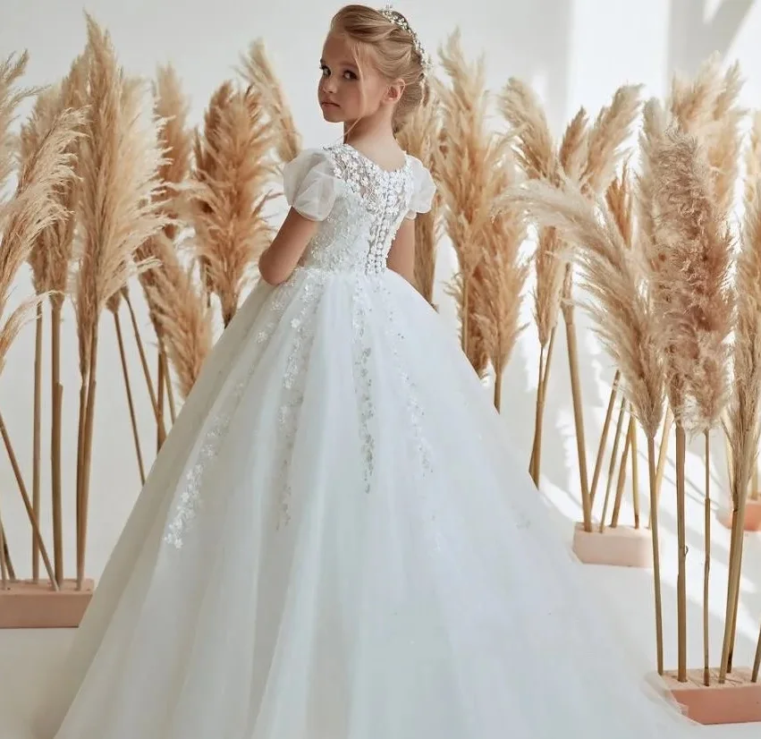 Nuevo Blanco marfil vestidos de niña de flores Apliques de encaje botones en la espalda vestido de fiesta de boda para niños vestido de primera comunión para niñas