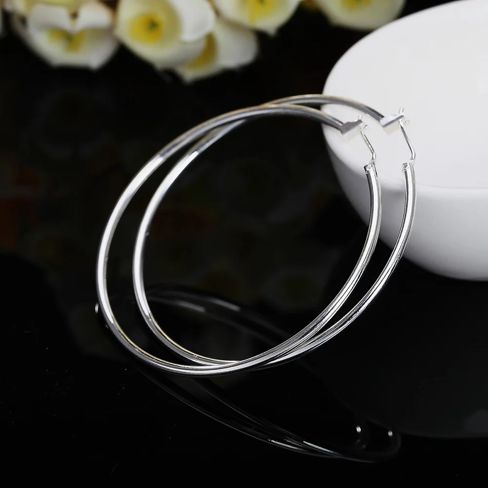 Nice 925 Sterling Silver Women Wedding Party Earring Jewelry Round 5cm Big Circle Girl Cute Fashion Christmas Nice Gift