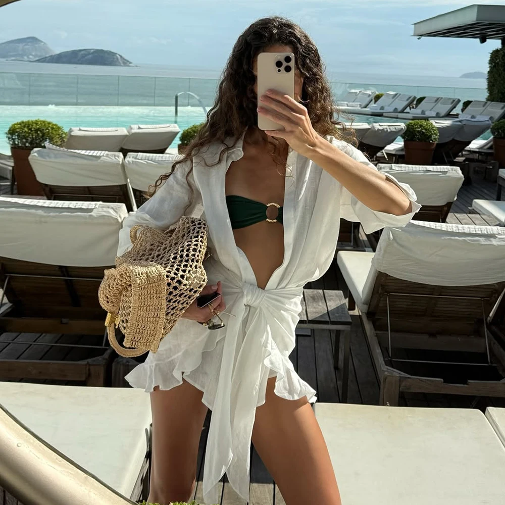 Wolfeel 2026 Sommer Damen Resort Lässiges Hemdkleid Einfarbiges Vorne Gebundenes Kragen-Bodycon-Sommerkleid