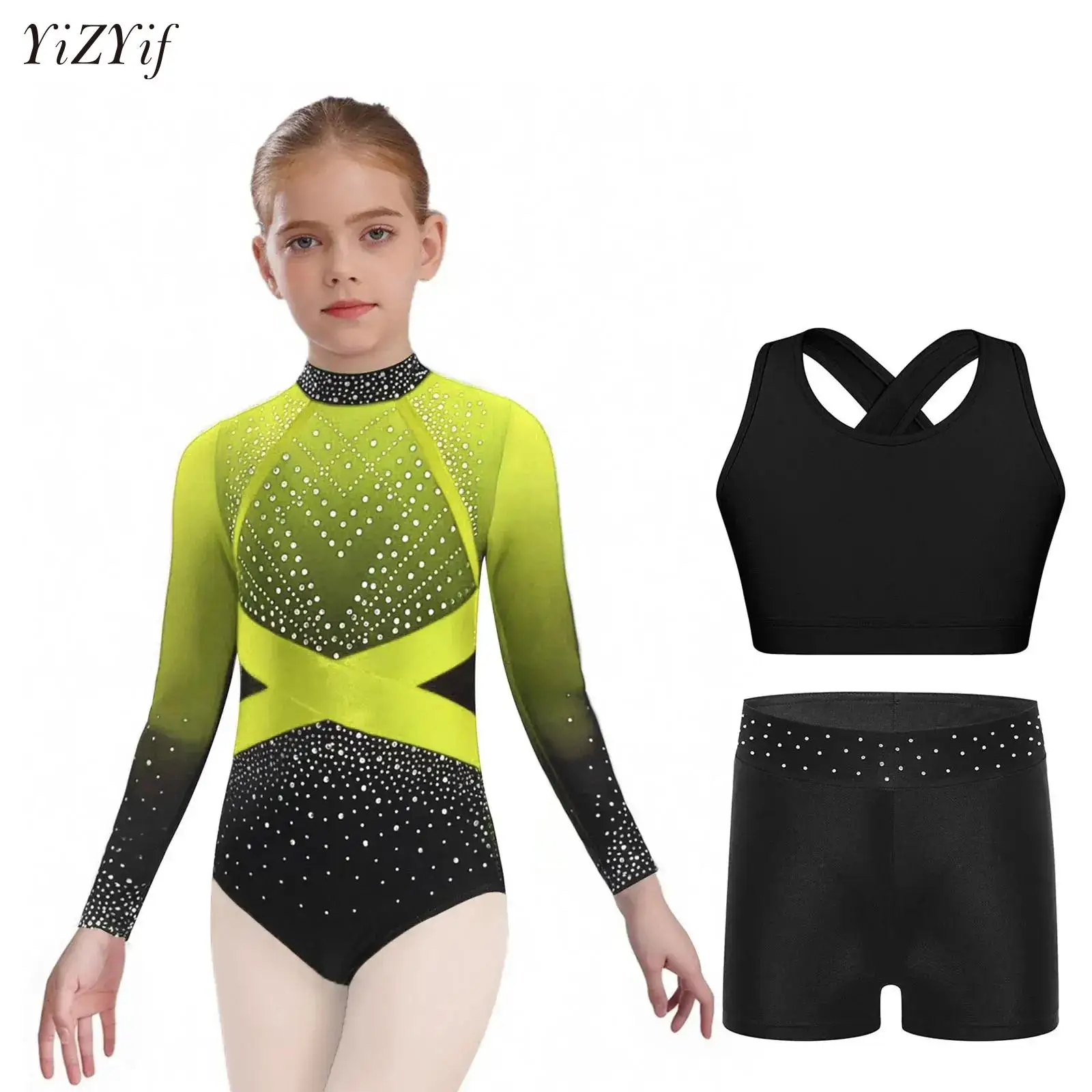 

Kids Girls Figure Ice Skating Costume Ballet Dance Gymnastics Bodysuit Outfits Long Sleeve Color Block Leotard+Shorts+Vest Suit