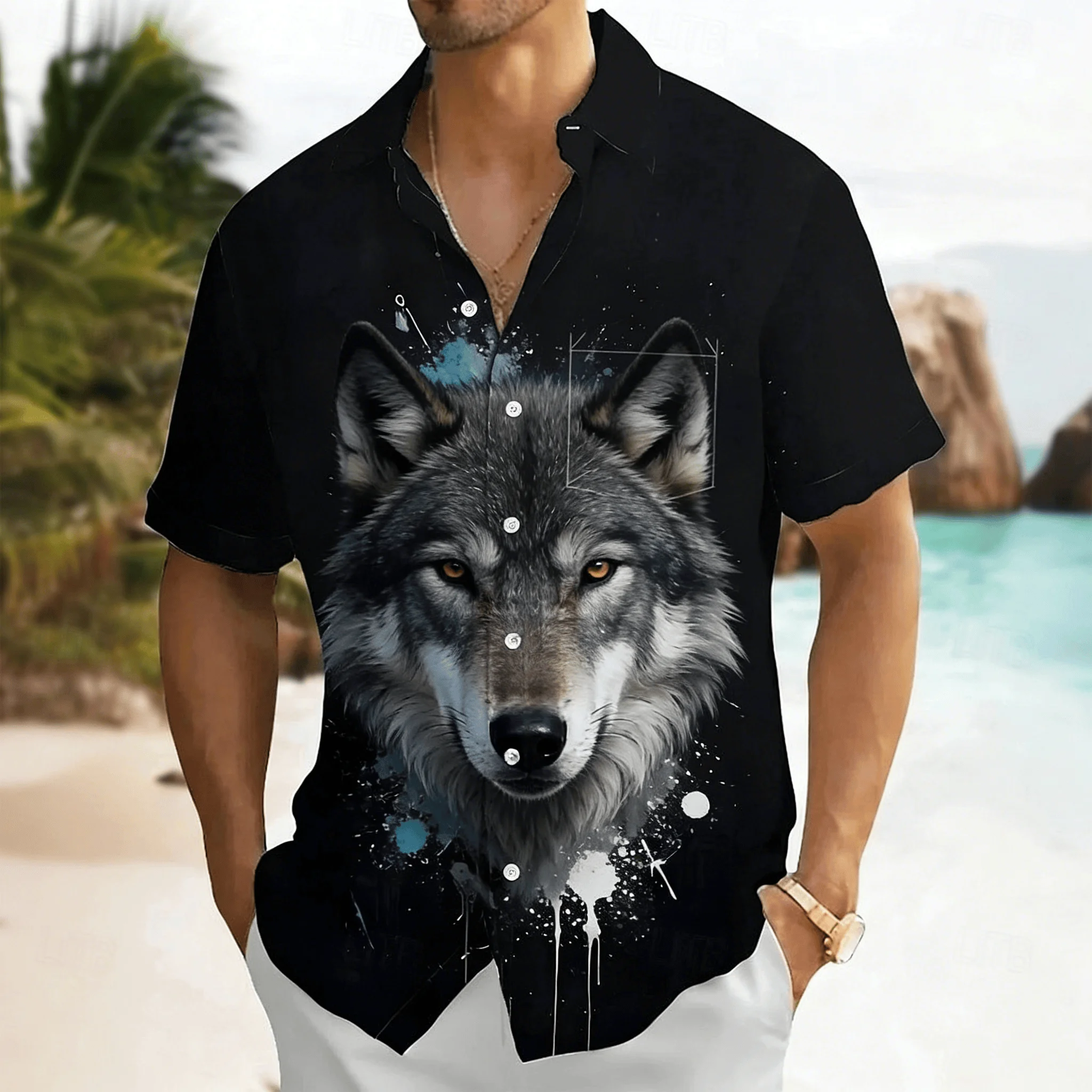 

Men's Realistic Wolf Head Print Short Sleeve Shirt, Abstract Splatter Art Design Button Down for Spring Summer Casual