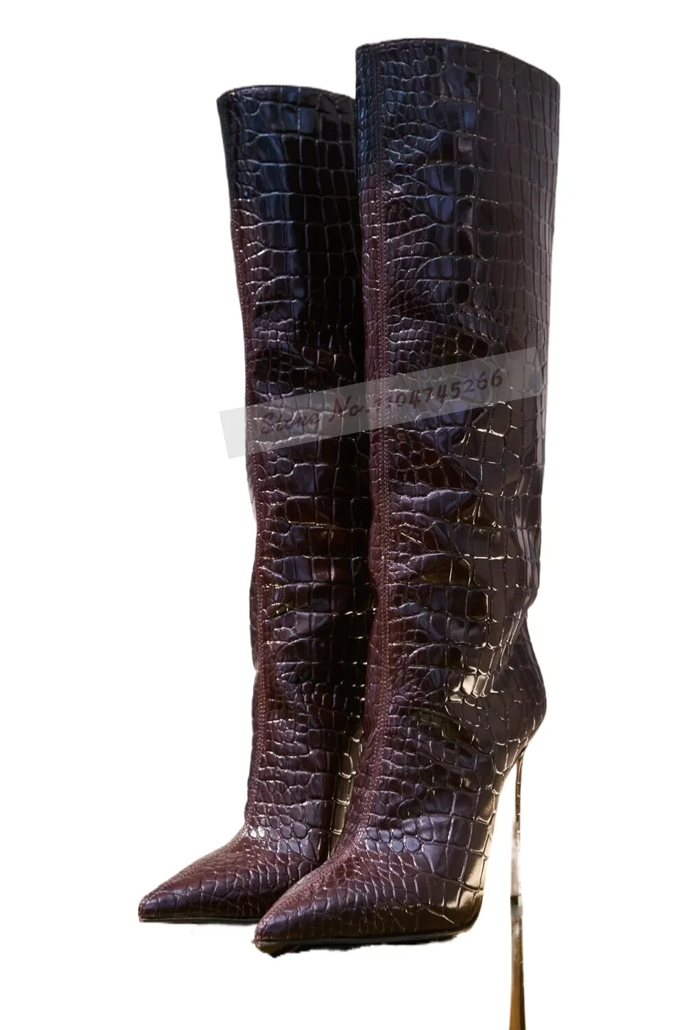 Burgundy Crocodile Thin High Heel Knee Boots Wine Red Matte Stone Pattern Tall Boots Pointed Toe Elegant Dress Shoes view 2