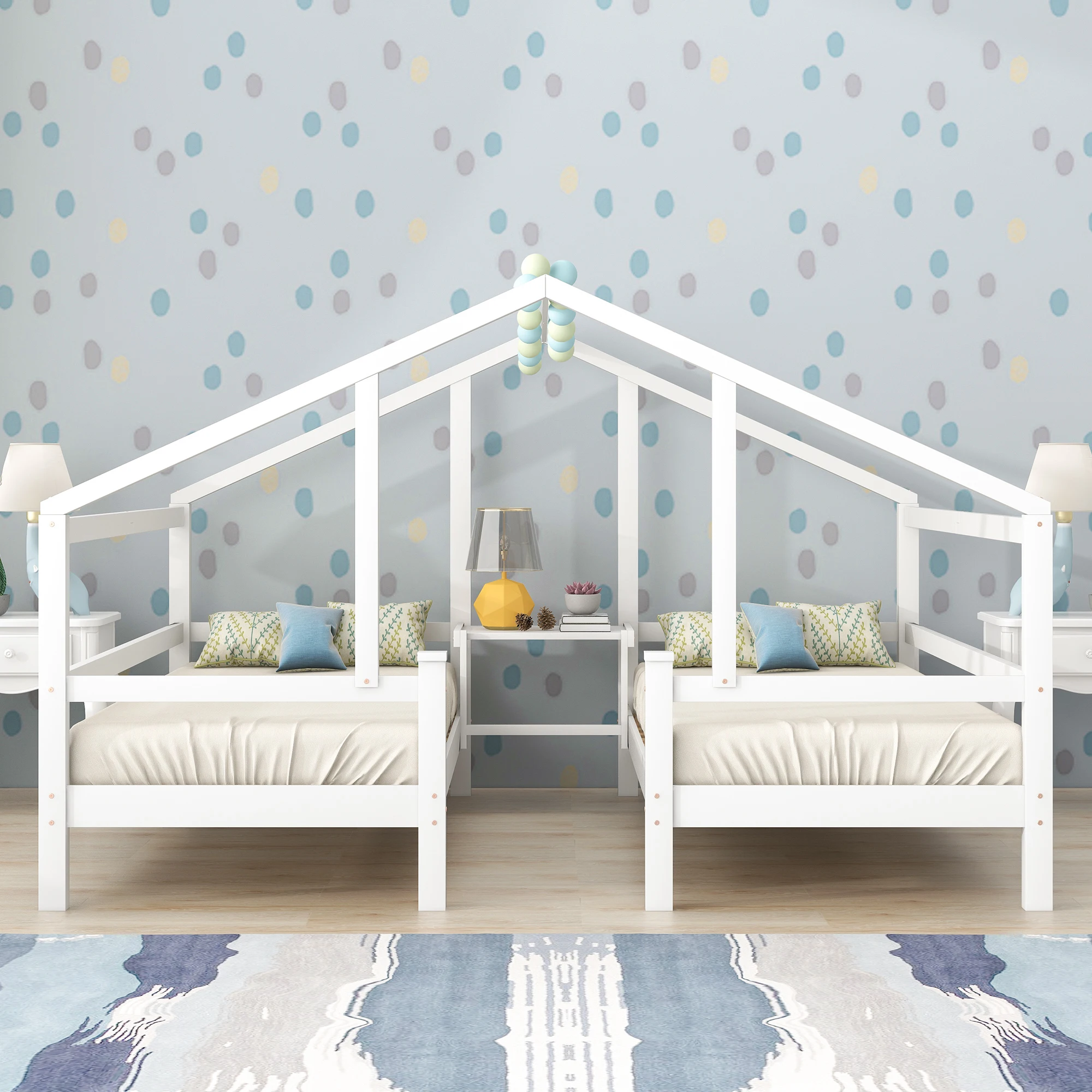 Cama de Casa multifuncional de madera maciza para 2 niños, marco de protección contra caídas, 200x90cm