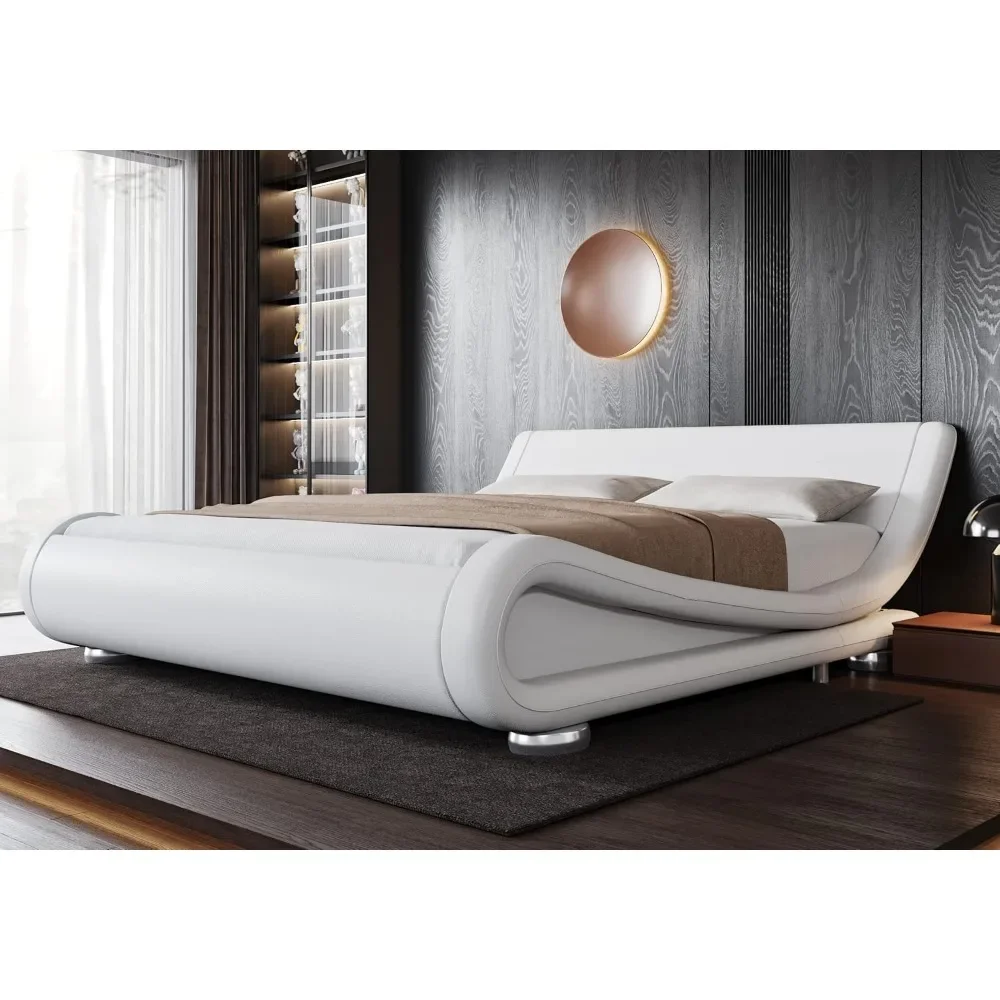 Upholstered Platform Bed Frame with Ergonomic & Adjustable Headboard, Modern Low Profile Sleigh Design