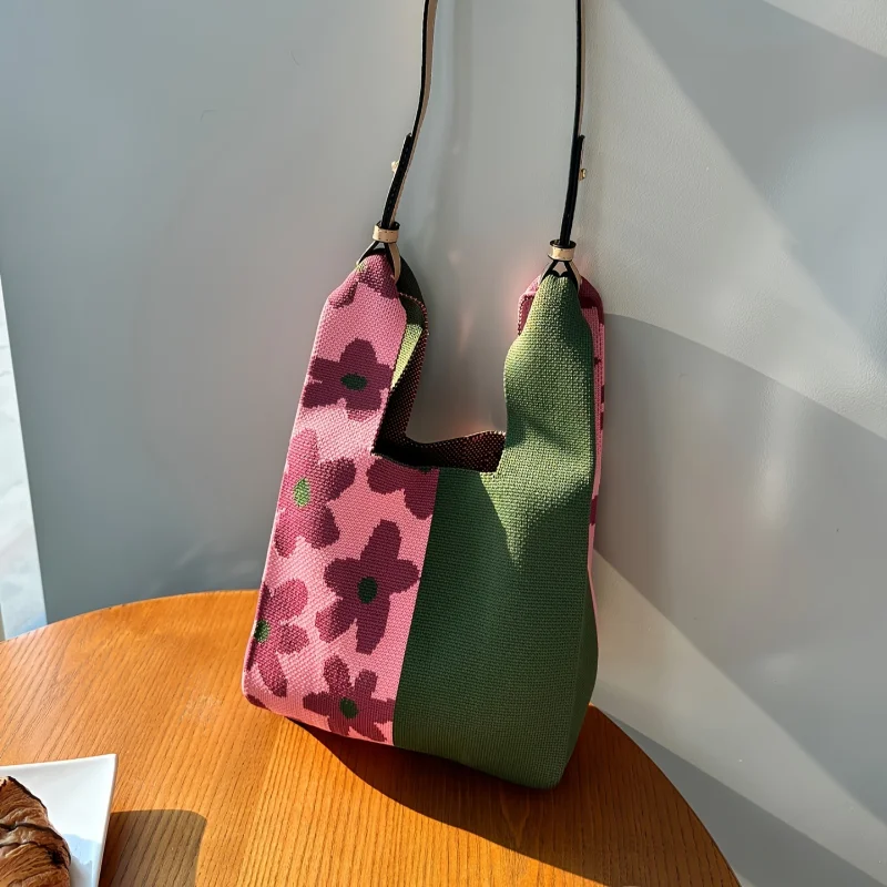 Colorblock Flower Pattern Knitted Satchel Bag, Versatile Mini Shopping Handbag