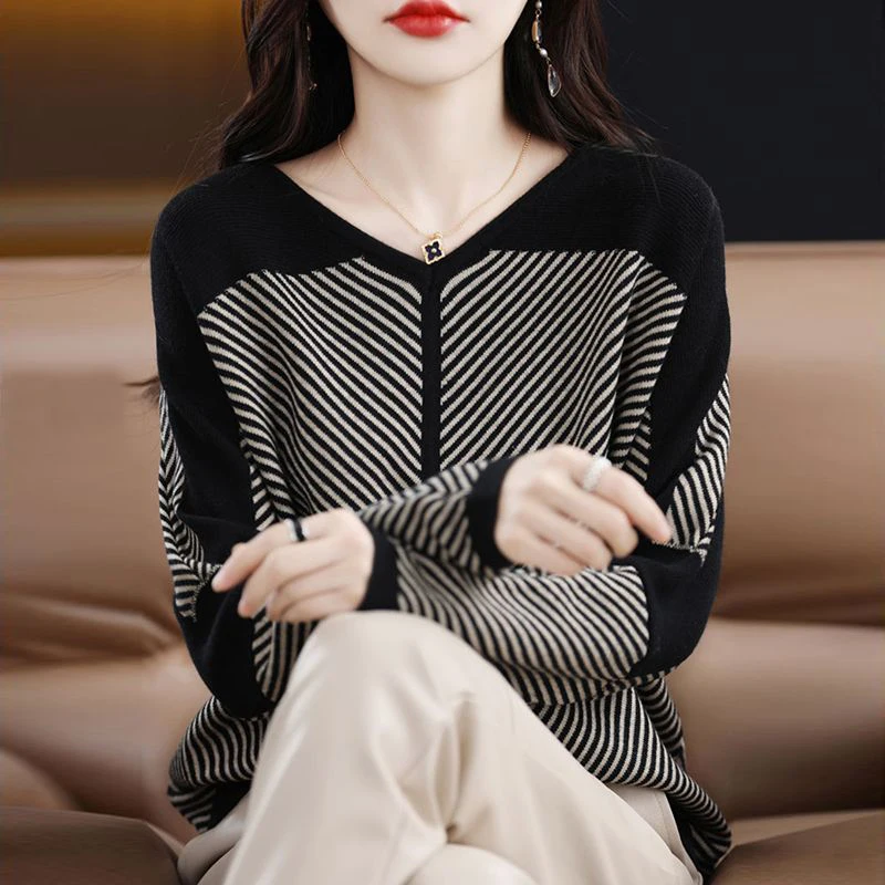 2023 New Spring Tops Women Pullover Long Sleeve V Neck Striped Loose Office Lady Korean Style Print Lively Popularity T-Shirts