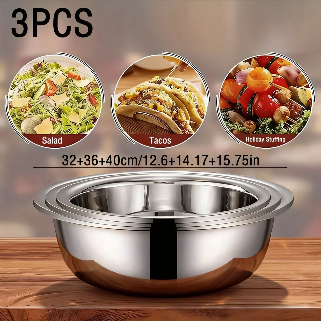 3-Piece Stainless Steel Mixing Bowls Set, 32/36/40cm Kitchen Bowl, Deep Mirror Finish, Dishwasher Safe, Home & Commercial Use