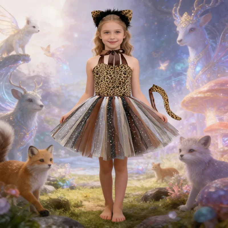Cartoon Tulle Tutu Skirt for Girls with Leopard Print Theme, Exquisite Kids' Stage Performance Outfit, Halloween Party  Dress
