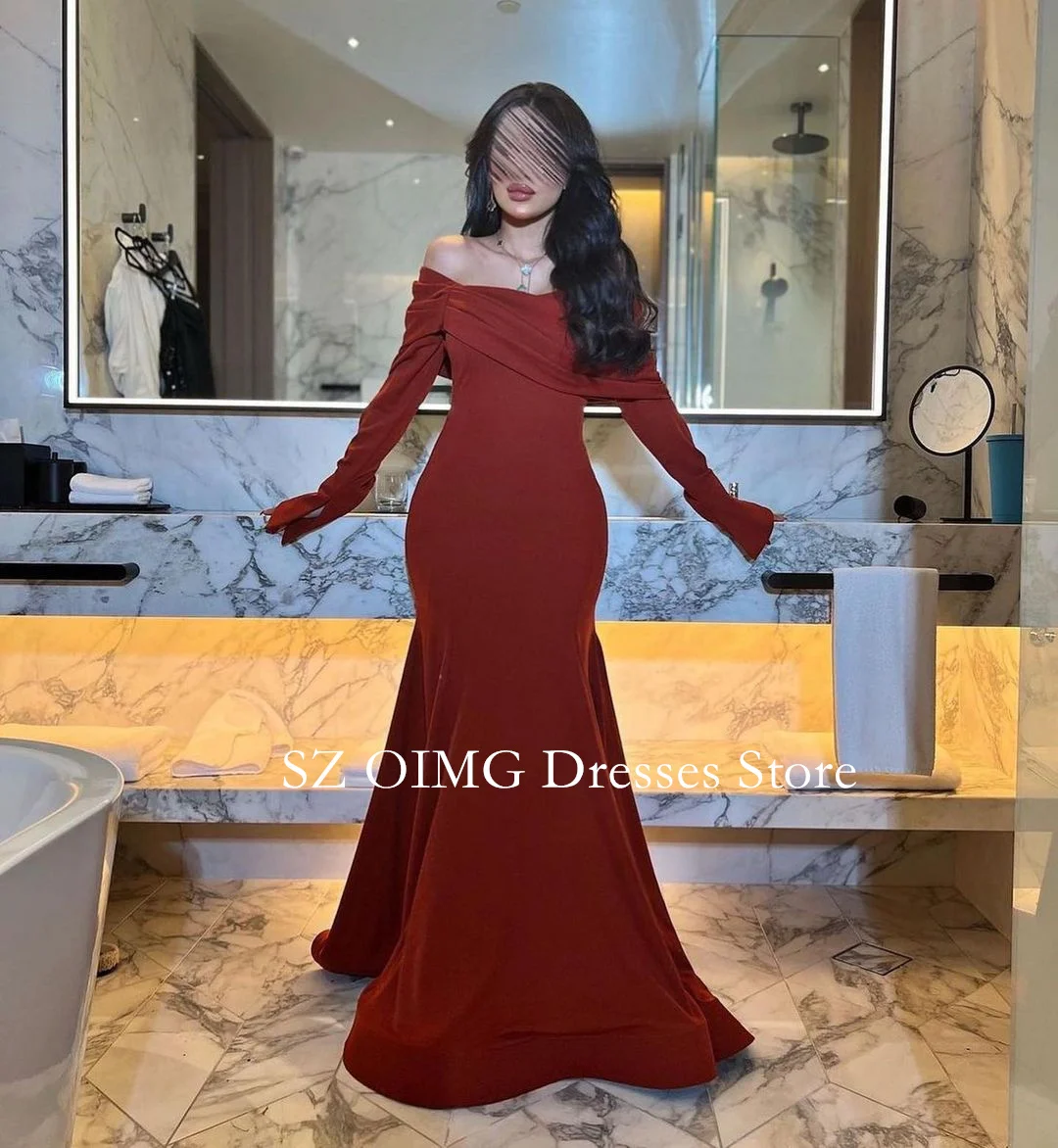 

OIMG Burgundy Long Sleeves Mermaid Prom Dresses Vintage Satin Ruched Arabic Off the Shoulder Evening Gowns Formal Party Dress