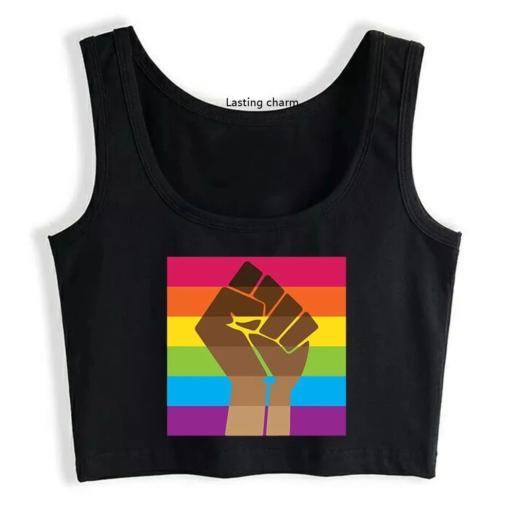 

LGBT BLM Pride Fist Comic Inscriptions Print Tank Top Women's Pride Month Gifts Crop Tops Summer Breathable Camisole