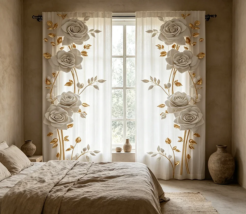 2PCS Digital Printed Curtains, White Rose Gold Leaf Elegant Pattern, Rod Pocket Window Drapes for Living Room Bedroom Decor