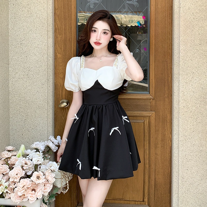 Short Sleeve Dress Women Patchwork Elegant Kawaii A-line Mini Design Retro Classic Sweet Sexy Chic Ins Ulzzang