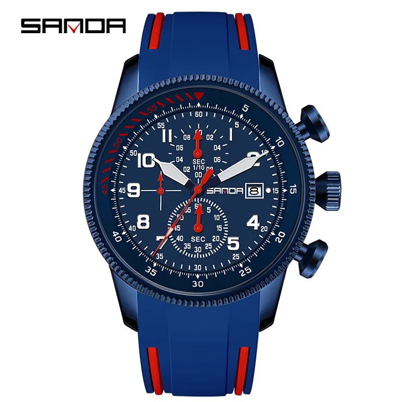 Sanda-Reloj de pulsera para hombre, accesorio de pulsera resistente al agua con múltiples funciones, 4 esferas, correa de silicona suave, movimiento de cuarzo japonés, 5507