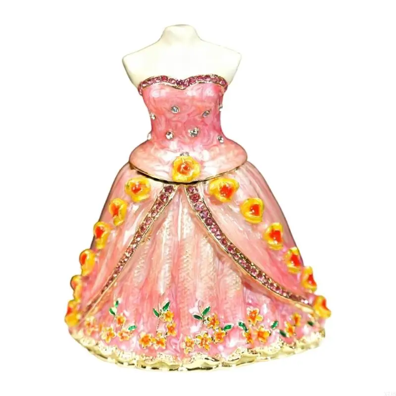  Useful Storage Solution Enamel Metal Princess Dress Jewelry Box with Rhinestones