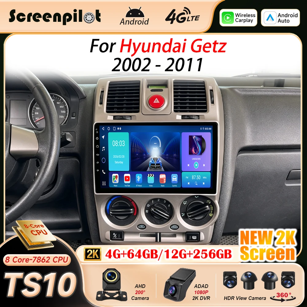 Android 16 Car Radio For Hyundai Getz 2002 2003 2004 - 2010 2011 Car Stereo CarPlay Multimidia Player GPS Android Auto 2K QLED