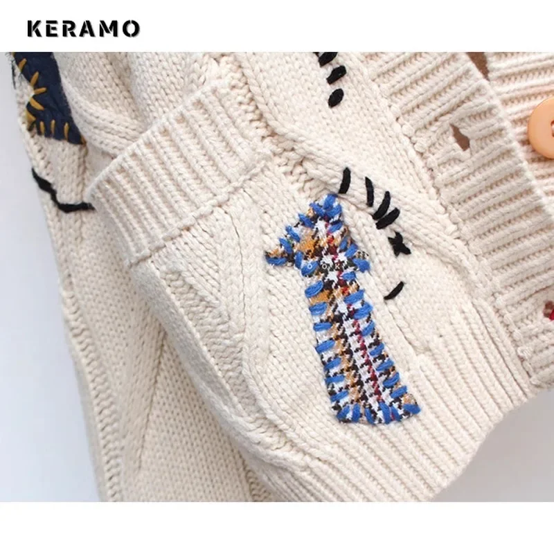 Korean Fashion Women Single Breasted Letter Print Sweater 2024 Autumn Winter Knitting Long Sleeve Casual V-Neck Loose Cardigans